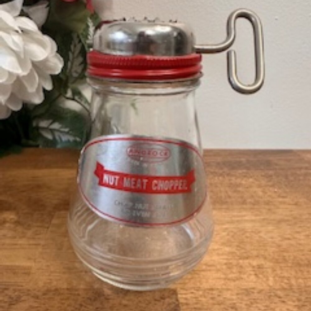 Vintage Androck Nut Meat Chopper – Red Metal Lid with Crank – Glass Jar Made in